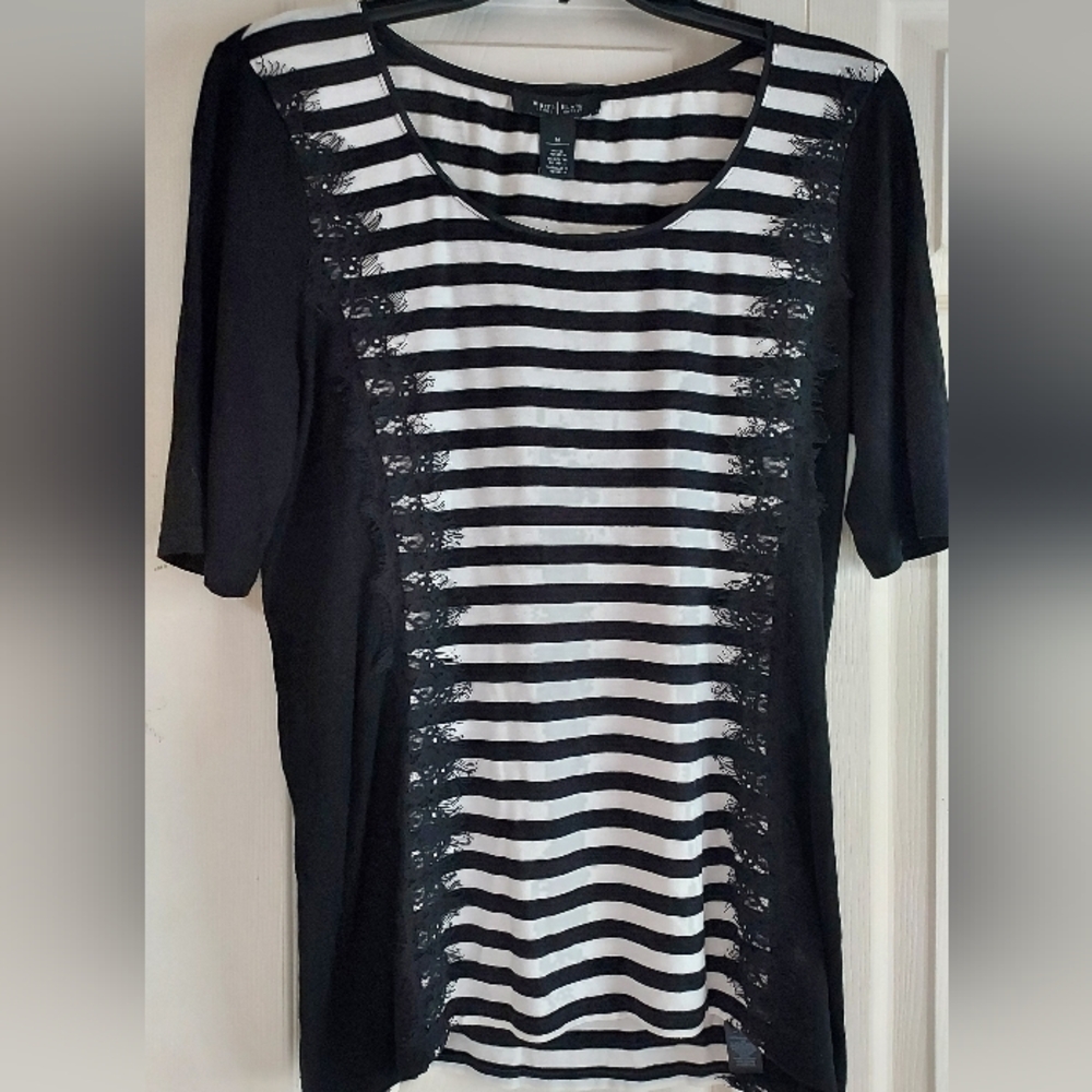 Shirt Top M Black Stripe Lace Fringe  Nautical Whimsigoth Dark Fairy Siren Goth